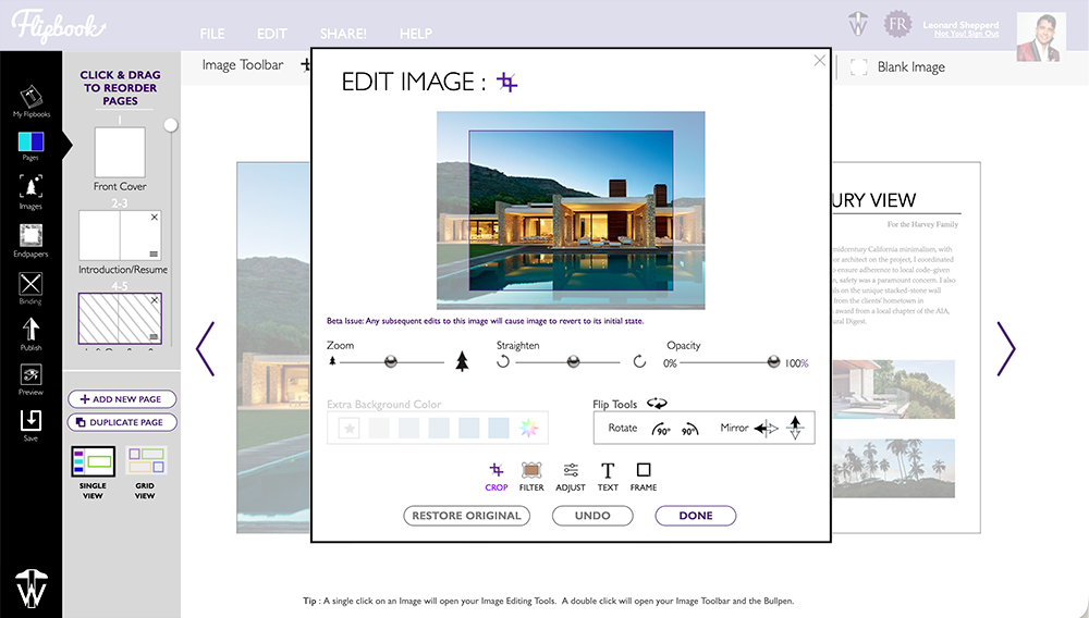 Flipbook image editing tool