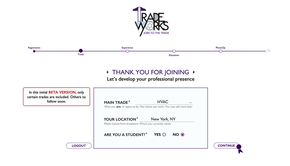 TradeWorks join page asking for trade and location